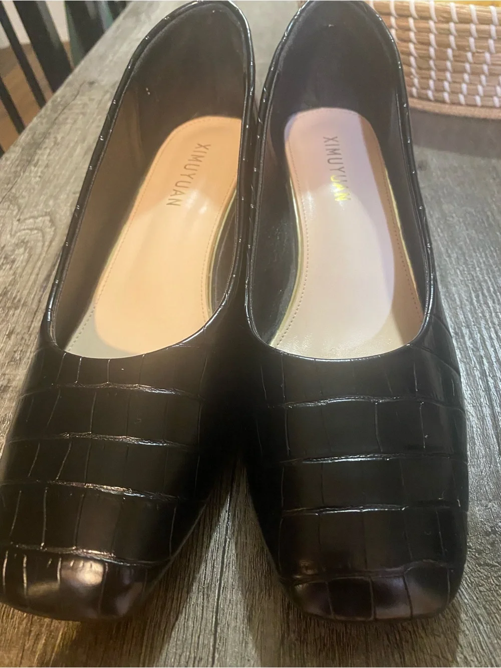 Black Croc-Embossed Women's Square-Toe Flats
